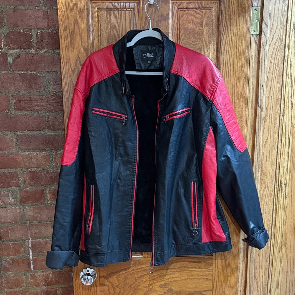 3XL Faux Fur Lined Faux Leather Racing Jacket